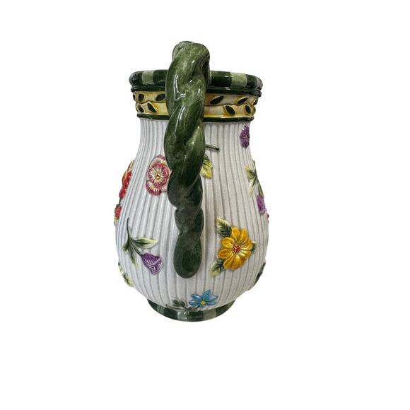 FITZ AND FLOYD Floral Ceramic Pitcher Braided Handle Embossed 3D Flowers As Is - Picture 2 of 9
